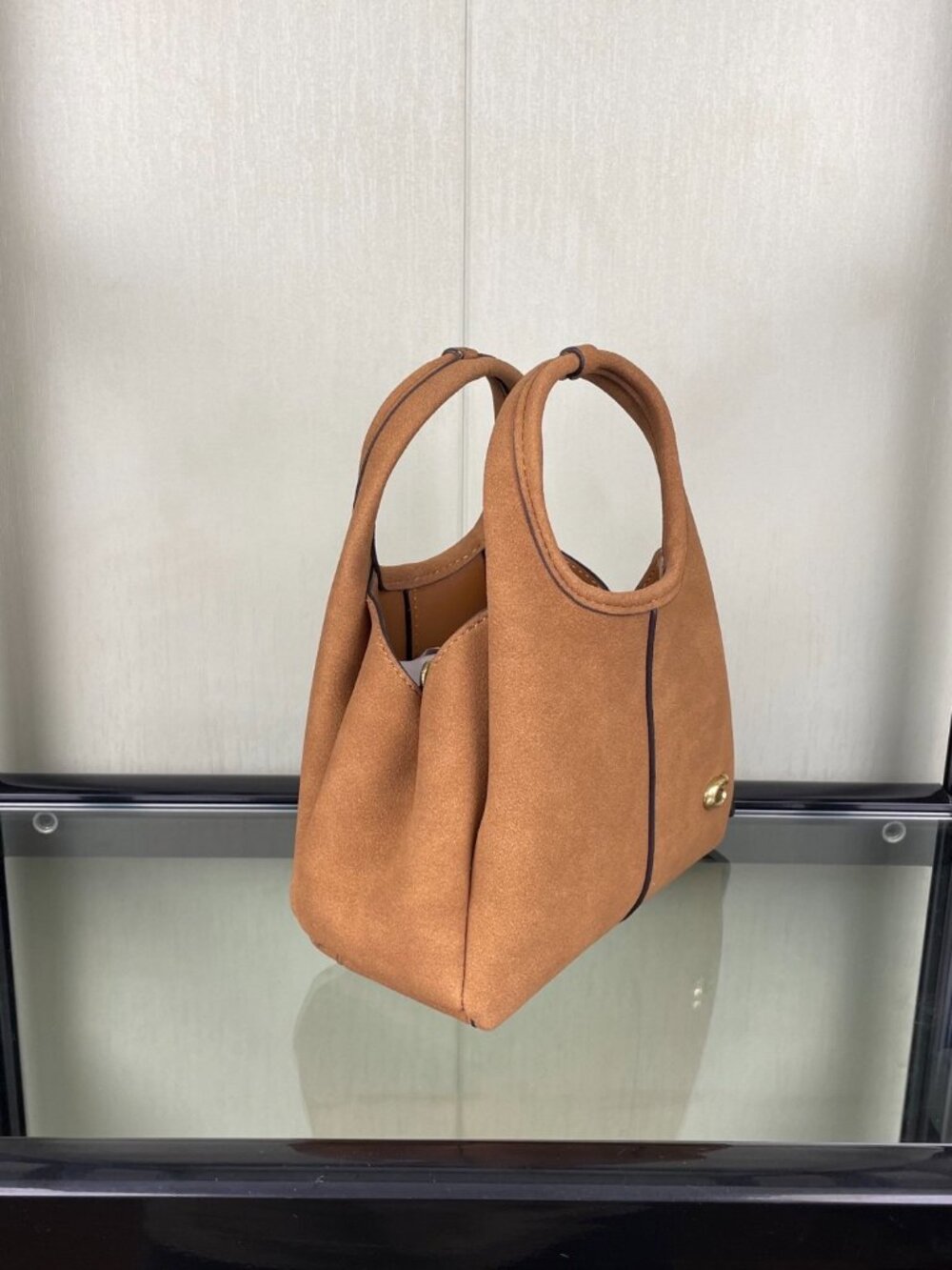 Coach Khaki Suede Circular Handle Handbag - Picture 4 of 8